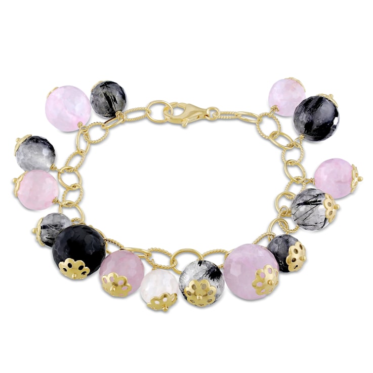 Rose and Black Rutilated Quartz Charm Bracelet in Pink Plated Sterling Silver