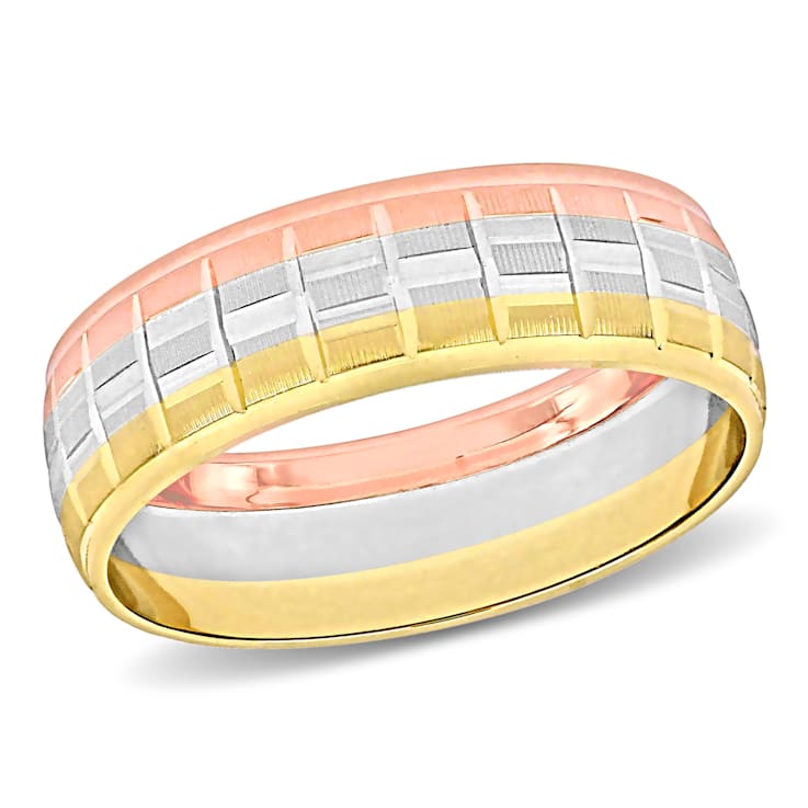 Ladies 6mm Matte Three Row Wedding Band in 10K 3-Tone Gold