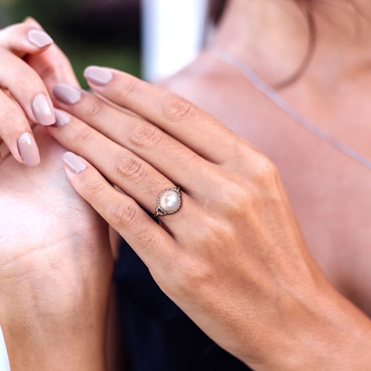9-9.5MM Freshwater Cultured Pearl Rope Frame Ring in Sterling Silver