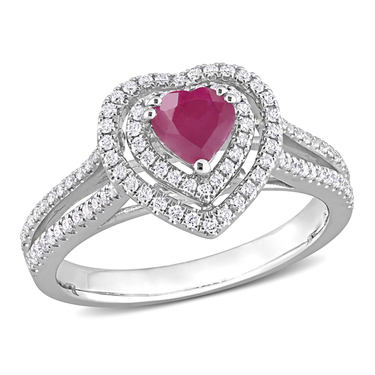 3/5 CT TGW Ruby and 3/8 CT TW Diamond Double Halo Heart Ring in 14K
White Gold