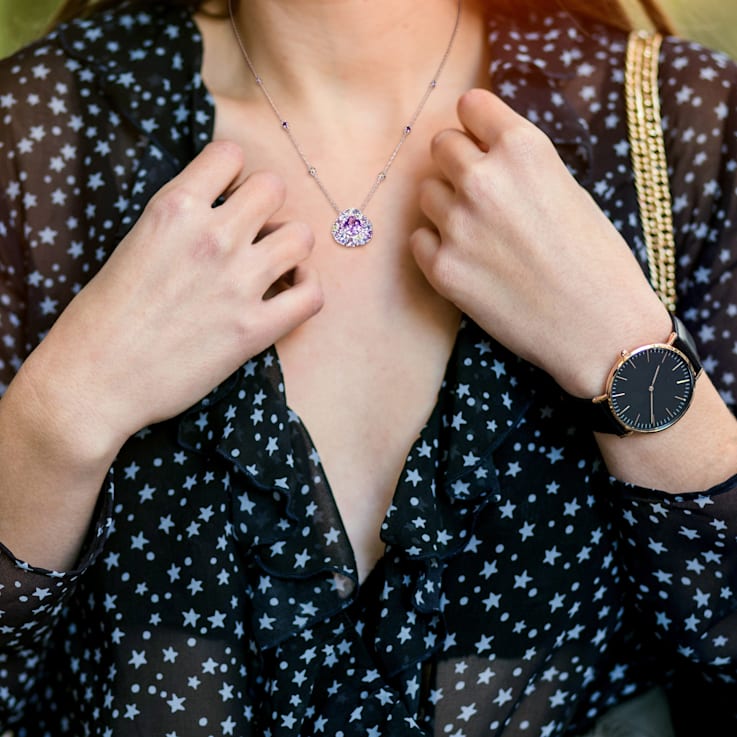 4 5/8 CT TGW Tanzanite, Rose de France, Peridot and Amethyst Teardrop
Necklace in Sterling Silver