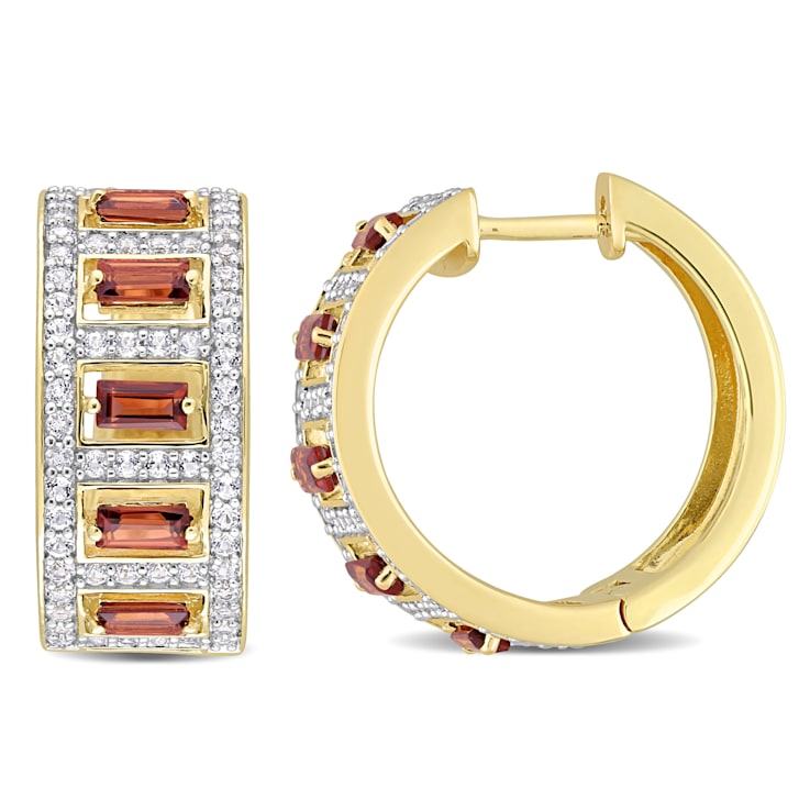 2 7/8 CT TGW  Baguette Garnet and White Topaz Hoop Earrings in Yellow
Gold Over Sterling Silver