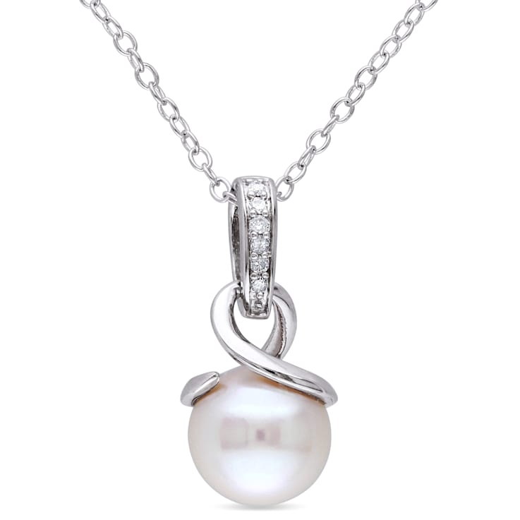 8-8.5MM Freshwater Cultured Pearl and Diamond Pendant with Chain in
Sterling Silver