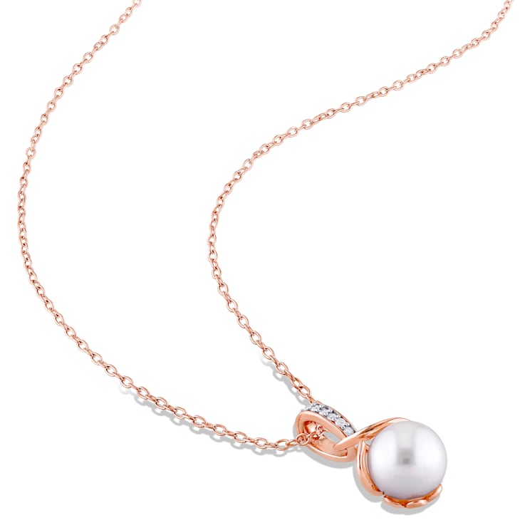 8-8.5MM Freshwater Cultured Pearl and 1/10 CT TW Diamond Earrings and
Pendant Set in Rose Silver
