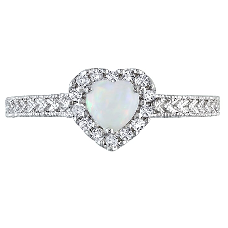 1/3 CT TGW Opal and 1/7 CT TW Diamond Heart Halo Ring in Sterling Silver