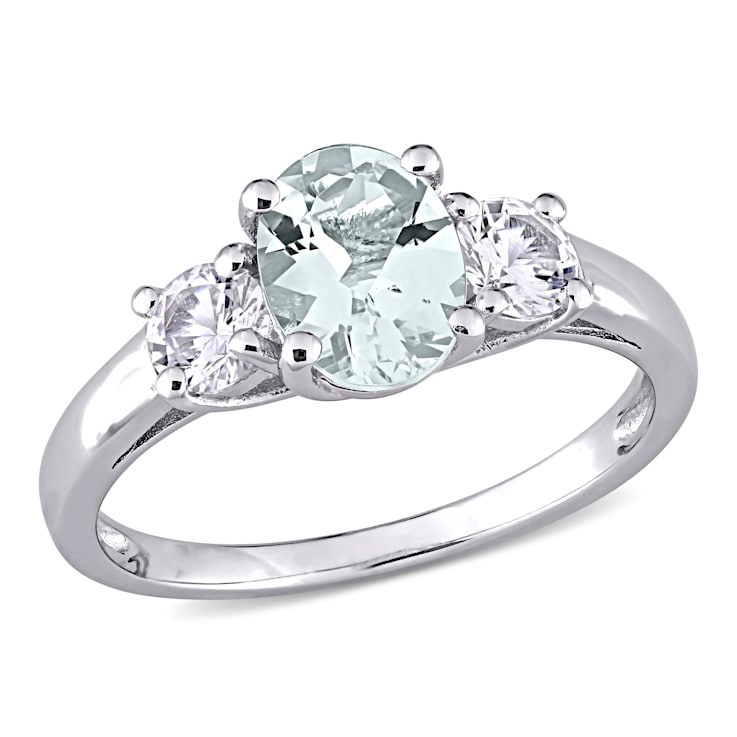 1 5/8 CTW Aquamarine and Created White Sapphire 3-Stone Ring in Sterling Silver
