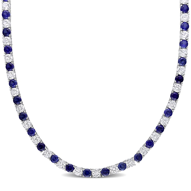 33 CT TGW Created Blue and Created White Sapphire Tennis Necklace in Sterling Silver