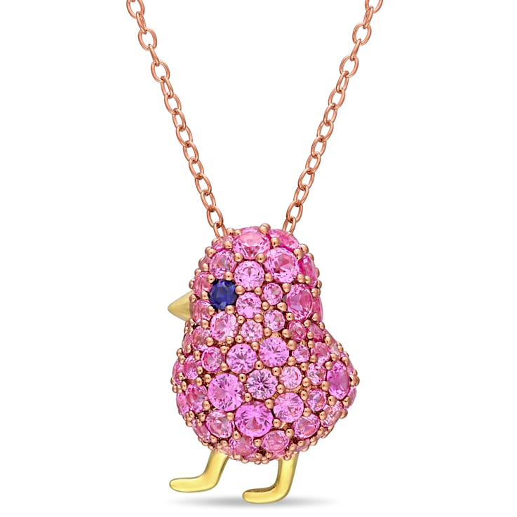 2 3/8 CT TGW Created Blue and Pink Sapphire Cluster Bird Necklace in
2-Tone Plated Sterling Silver