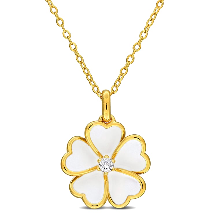 1/10 CT TGW White Topaz with White Enamel Flower Pendant with Chain in
Yellow Plated Sterling Silver