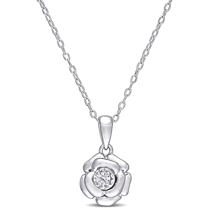Diamond Flower Pendant with Chain in Sterling Silver