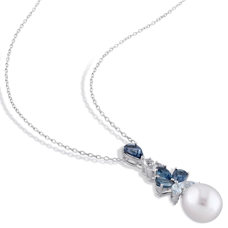 8.5-10MM Freshwater Cultured Pearl and Multigem Drop Earrings and
Pendant Set in Sterling Silver