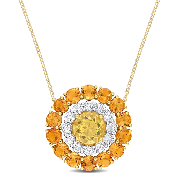 11.40 CTW Citrine, Madeira Citrine and Topaz Double Halo 18k Gold Plated
Silver Pendant w/Chain