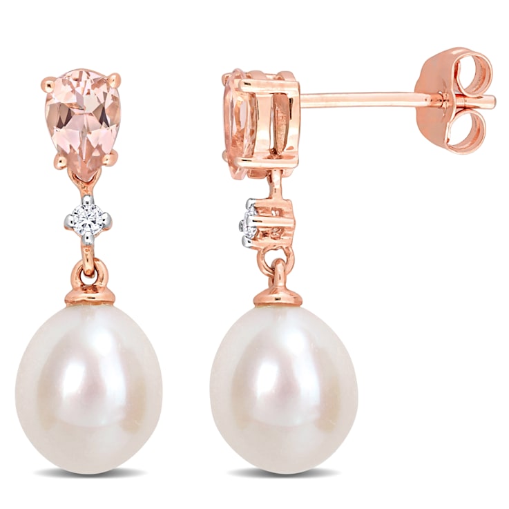 8-8.5MM Freshwater Cultured Pearl, 4/5 CT TGW Morganite, Diamond Accent
Earrings in 14K Rose Gold