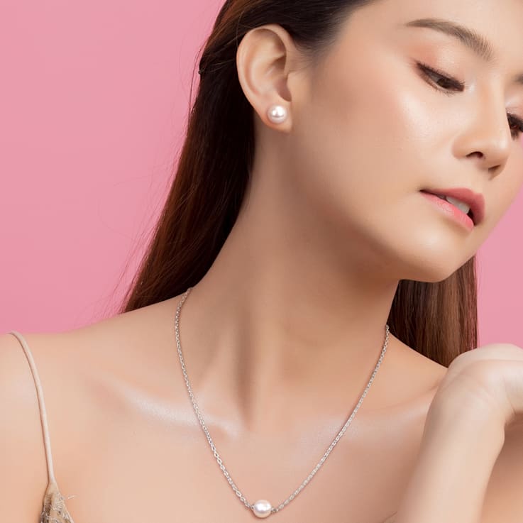 8-13MM Freshwater Cultured Pearl Stud Earrings and Pearl Necklace in
Sterling Silver