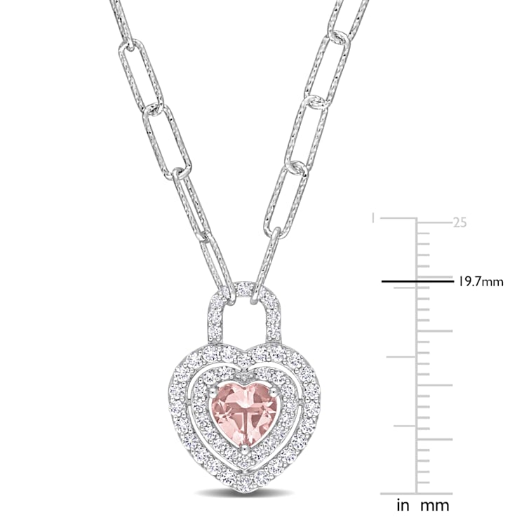 1 3/8 CT TGW Morganite and Created White Sapphire Double Halo Heart Lock
Necklace in Sterling Silver