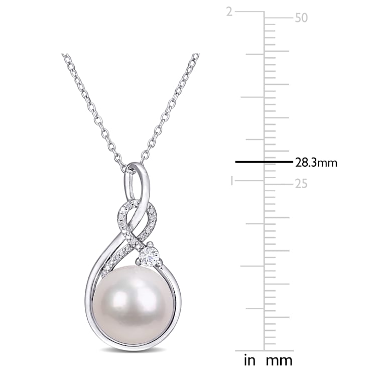 11-12MM Freshwater Cultured Pearl & 1/6 CT TGW Created Sapphire
& Diamond Pendant in Sterling Silver