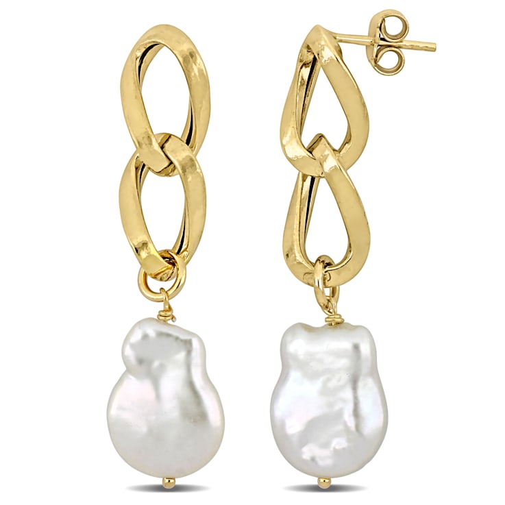 12-13MM Freshwater Cultured Pearl Double Link Earrings in Yellow Plated
Sterling Silver