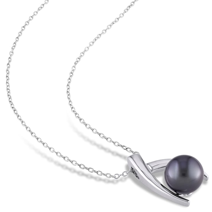 9.5-10MM Black Tahitian Cultured Pearl Crisscross Pendant with Chain in
Sterling Silver