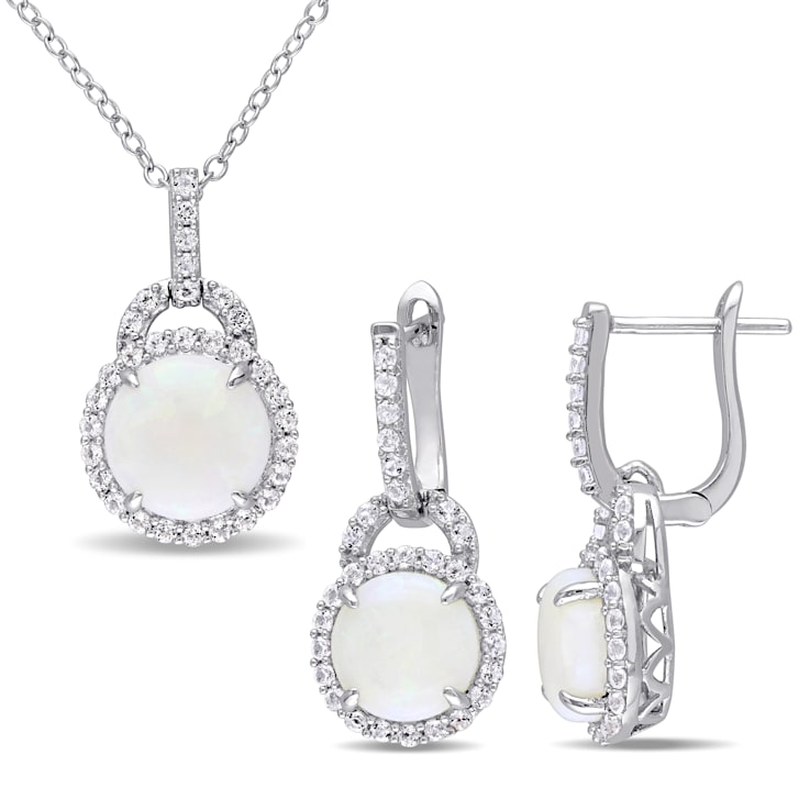 2-Pcs Set of 5 1/4 CT TGW Opal and Topaz Halo Charm Earrings and Pendant
in Sterling Silver