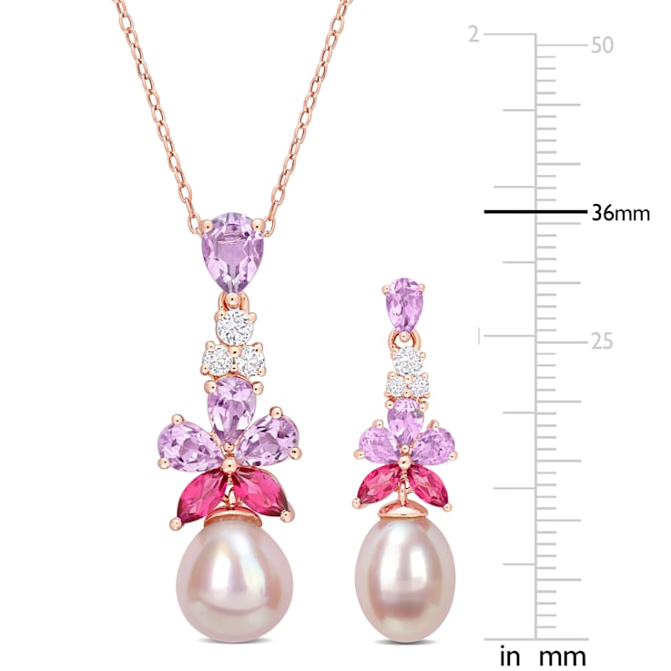8.5-10MM Freshwater Cultured Pearl & Multigem Earrings &
Necklace Set in Rose Plated Sterling Silver
