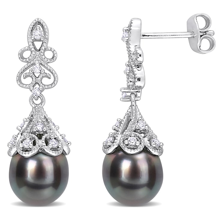 8-8.5MM Black Tahitian Cultured Pearl and 1/4 CT TGW White Topaz Drop
Earrings in Sterling Silver