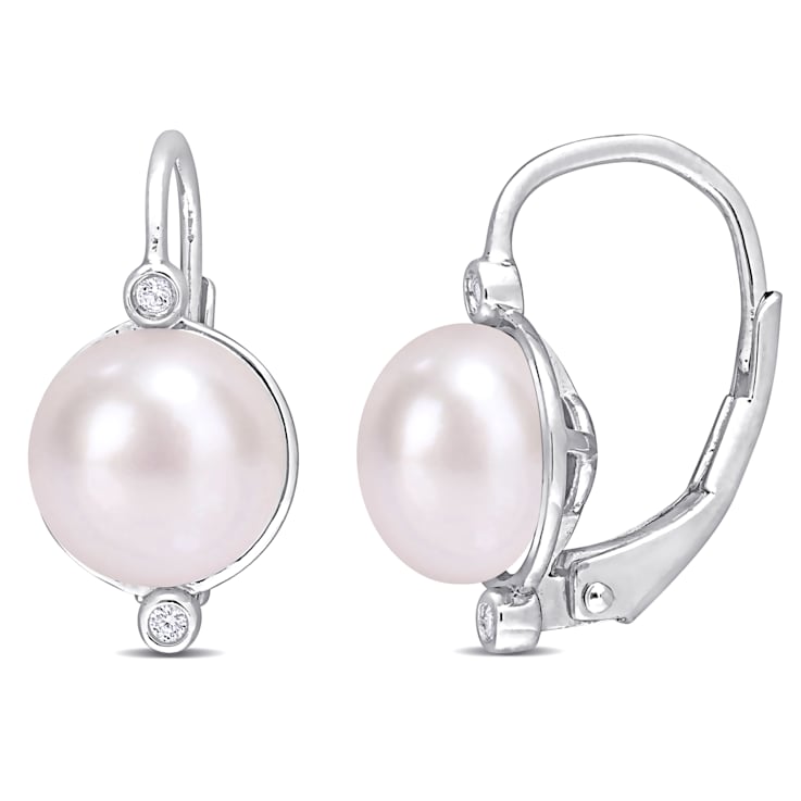 7.5-8 MM Freshwater Cultured Pearl and Diamond Accent Earrings in
Sterling Silver