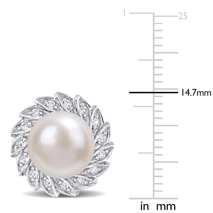 9.5-10MM Cultured Pearl and 1/3 CT TGW Created White Sapphire Halo Stud
Earrings in Sterling Silver
