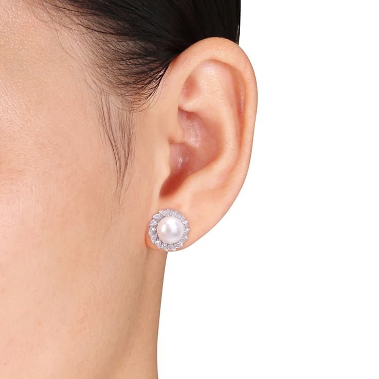 9.5-10MM Cultured Pearl and 1/3 CT TGW Created White Sapphire Halo Stud
Earrings in Sterling Silver