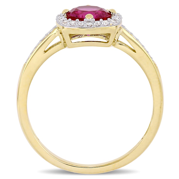 1 CT TGW Created Ruby and 1/7 CT TW Diamond Halo Ring in 10K Yellow Gold