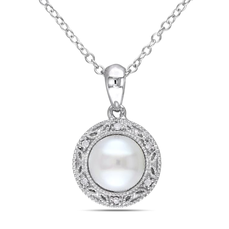 7.5-8MM Freshwater Cultured Pearl and Diamond Filigree Pendant with
Chain in Sterling Silver