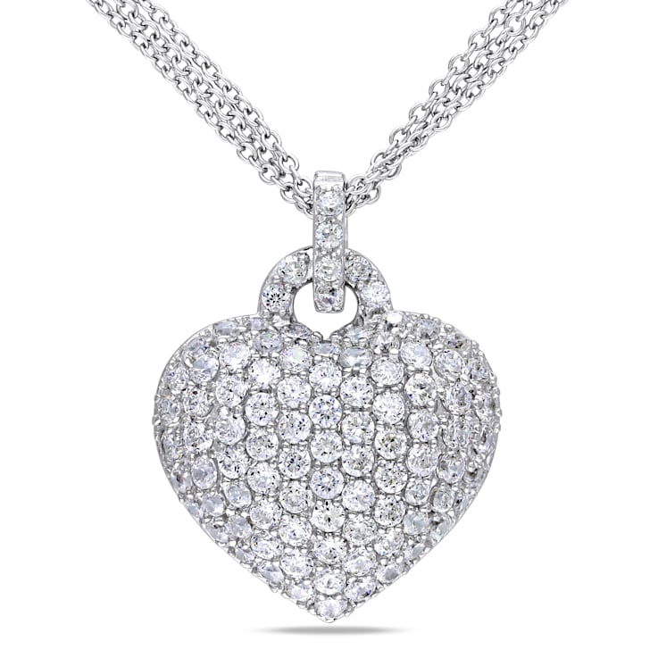 3 1/2 CT TGW Created White Sapphire Heart Pendant with Triple-Strand
Chain in Sterling Silver