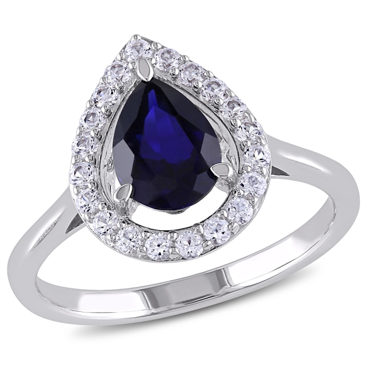2 1/5 CT TGW Created Blue and White Sapphire Halo Ring in Sterling Silver