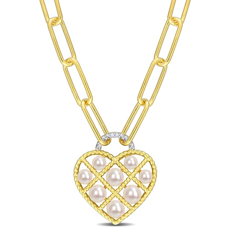 3.5-5MM Freshwater Cultured Pearl and Diamond Accent Heart Pendant in
Yellow Plated Sterling Silver