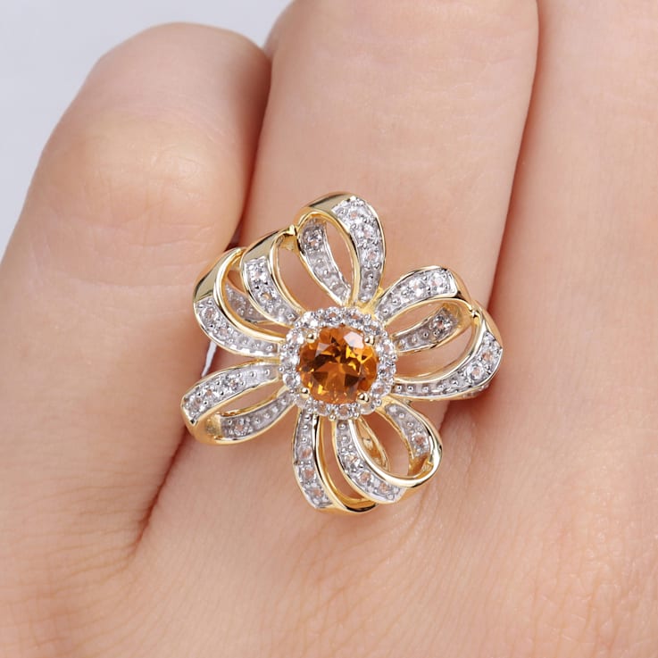 7/8 CT Madeira Citrine and White Topaz Flower Cocktail Ring in 18k Gold
Plated Sterling Silver