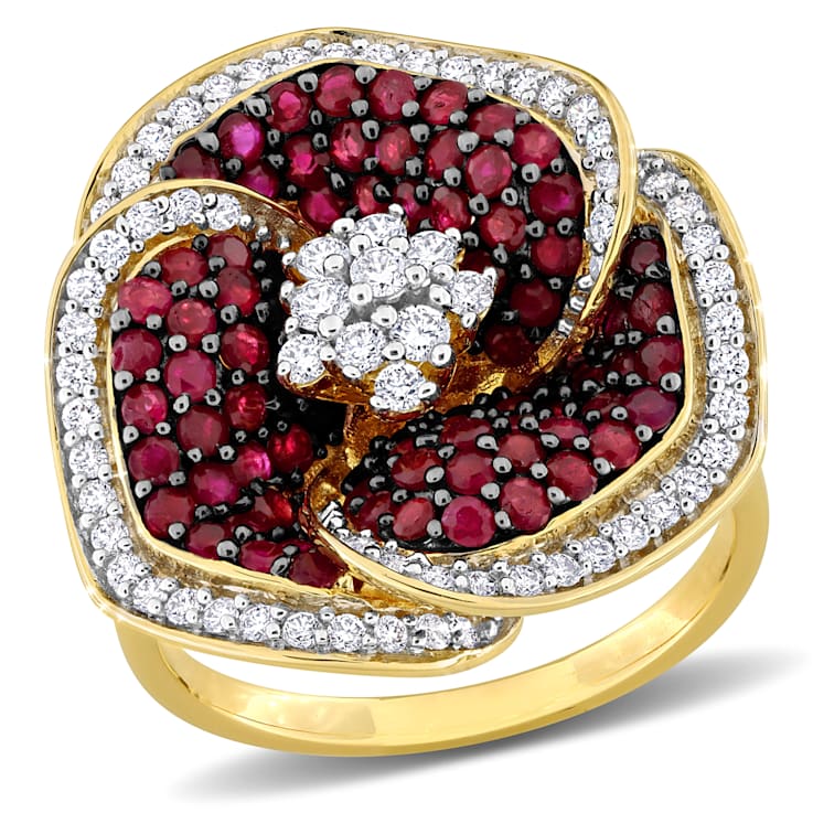 1 5/8 CT TGW Ruby and 3/5 CT TW Diamond Floral Ring in 14K Yellow Gold