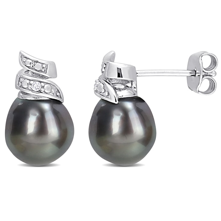 8-9MM Black Tahitian Cultured Pearl and Diamond Accent Swirl Stud
Earrings in Sterling Silver