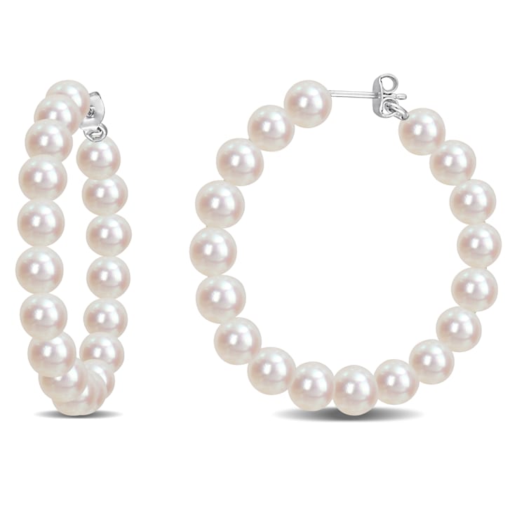 6-6.5MM Freshwater Cultured Pearl Hoop Earrings in Sterling Silver