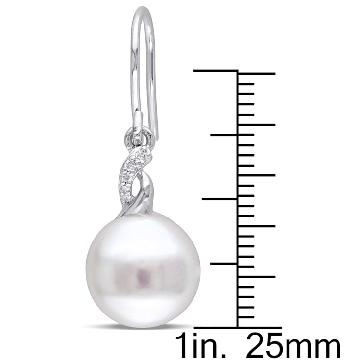 10.5-11MM  White Cultured Freshwater Pearl Earrings with Diamonds in
Sterling Silver