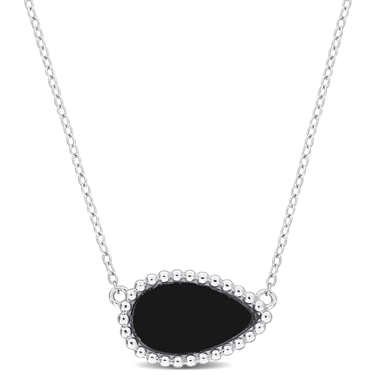 4 CT TGW Black Agate Necklace with Beaded Halo in Sterling Silver