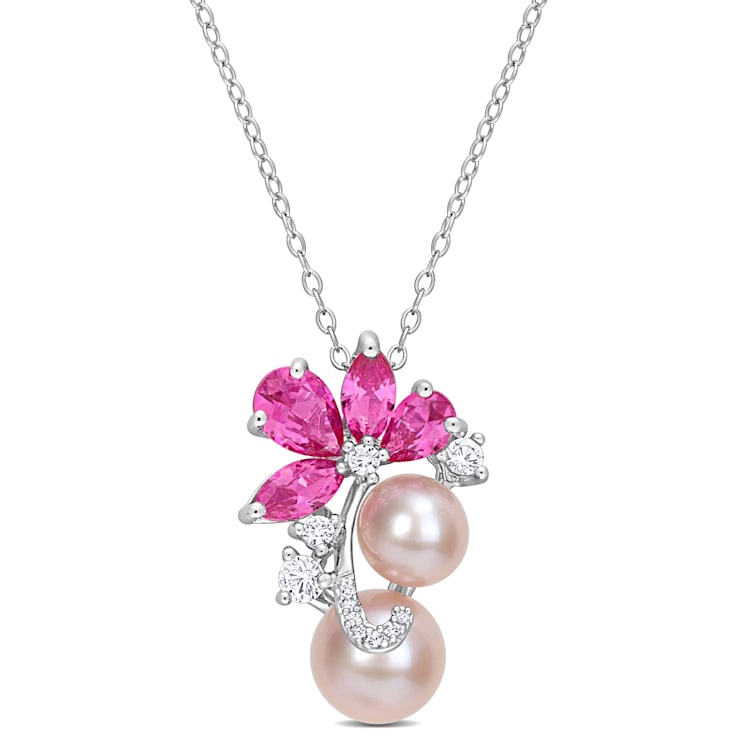 7-9MM Pink Freshwater Cultured Pearl and 3 1/8 CT TGW Created Sapphire
Pendant in Sterling Silver