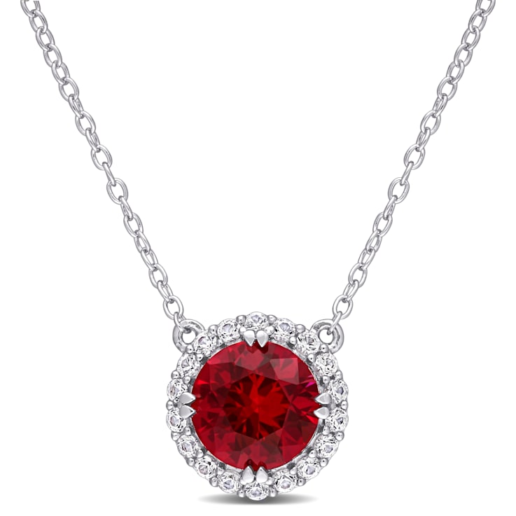 2 3/4 CT TGW Created Ruby White Sapphire Halo Pendant with Chain in
Sterling Silver