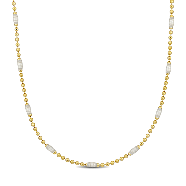 White Enamel Bead Link Necklace in 14K Yellow Gold Over Sterling Silver