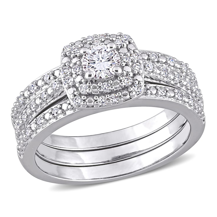 1/2 CT TW Diamond Cushion Shape Double Halo Bridal Set in Sterling Silver