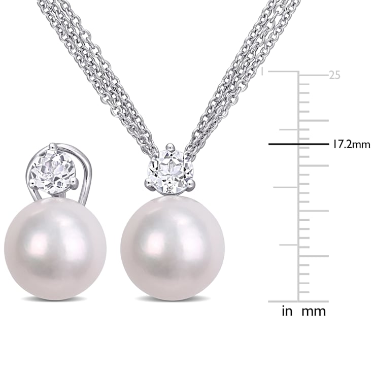 11-12MM Freshwater Cultured Pearl & 1 3/4 CT TGW Topaz Earrings and
Pendant Set in Sterling Silver