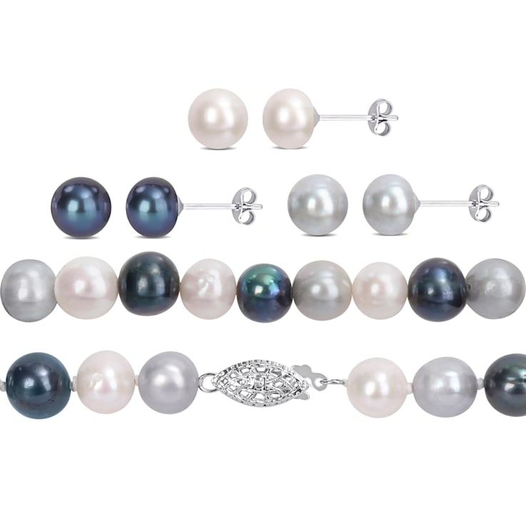 7.5-8MM Multi-Color Freshwater Cultured Pearl Necklace, Earrings &
Bracelet Set in Sterling Silver