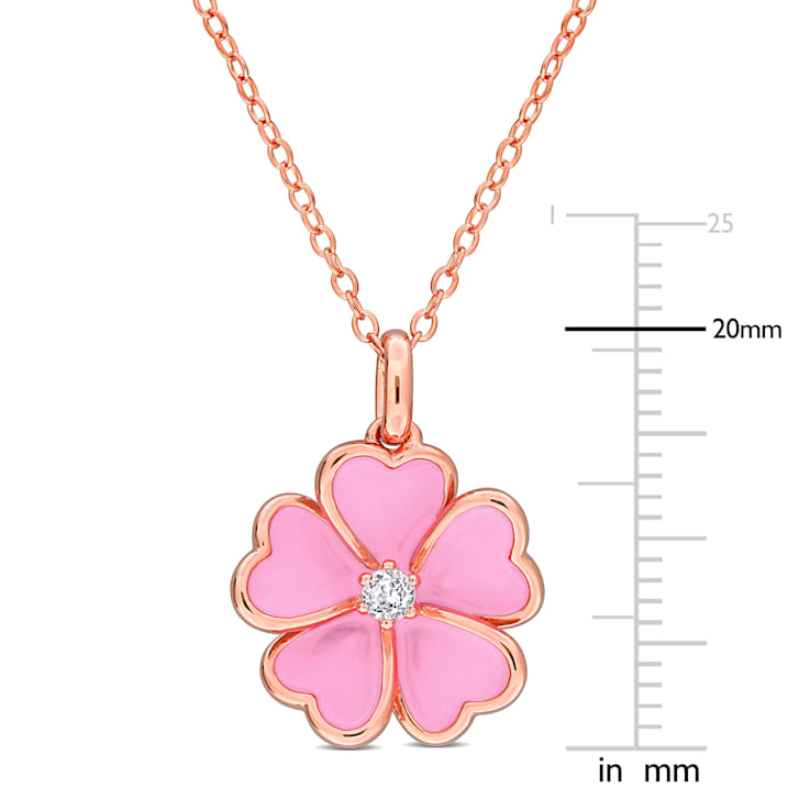 1/10 CT TGW White Topaz with Pink Enamel Flower Pendant with Chain in
Rose Plated Sterling Silver