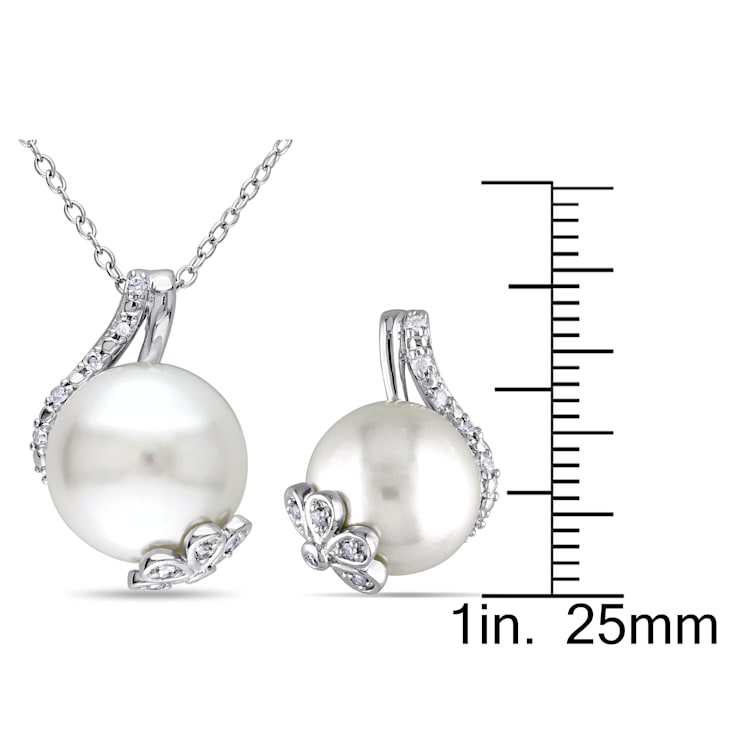 10-12.5MM Freshwater Cultured Pearl & Diamond Stud Earrings &
Pendant Set in Sterling Silver