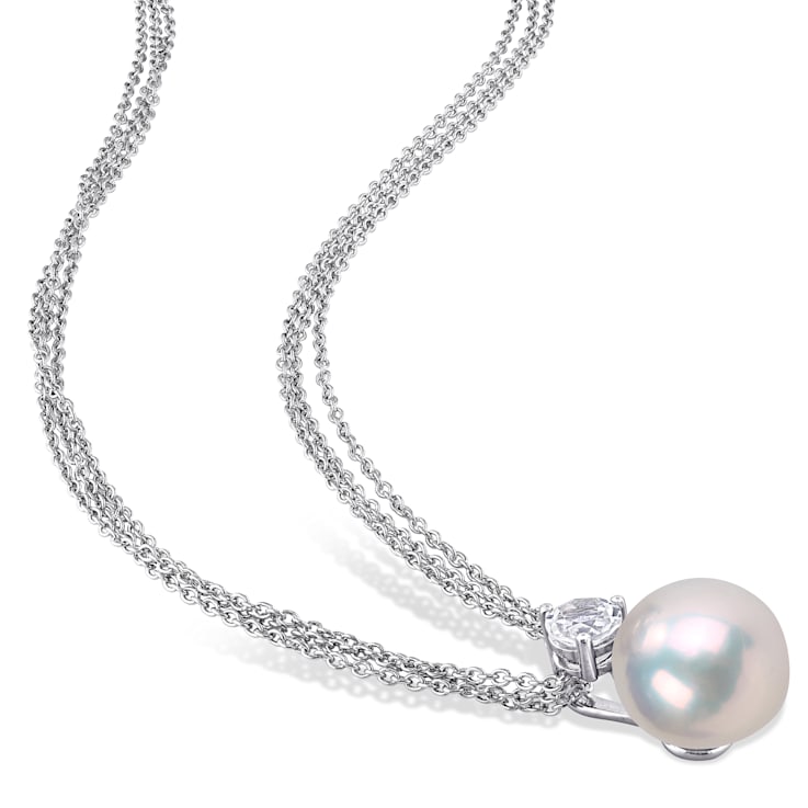 11-12MM Freshwater Cultured Pearl and 5/8 CT TGW White Topaz Pendant in
Sterling Silver
