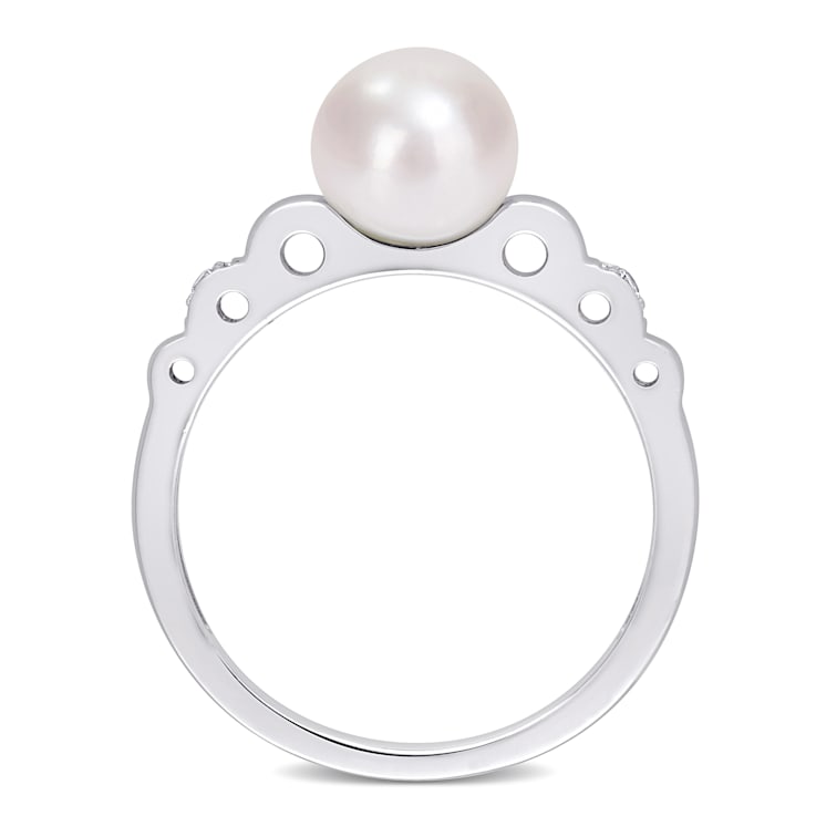 7-7.5MM Freshwater Cultured Pearl and Created White Sapphire Ring in
Sterling Silver