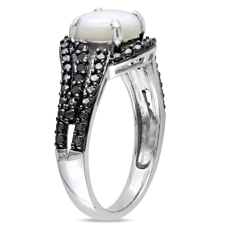 1 1/4 CT TGW Opal and 1/10 CT TW Black Diamond Cocktail Ring in Sterling Silver